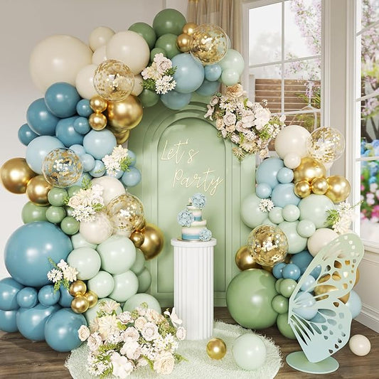 Dusty Avocado Green Balloon Arch Kit, 152Pcs Dusty Blue Retro Blue White Sand Macaron Green Gold Confetti Balloons for Baby Bridal Shower Wedding Engagement Birthday Party Decorations