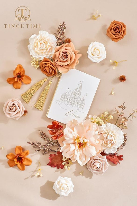 TINGE TIME Artificial Flowers Burnt Orange & Champagne Flower Combo for DIY Wedding Bouquets Table Centerpieces Arrangements Party Baby Shower Home Fall Decorations