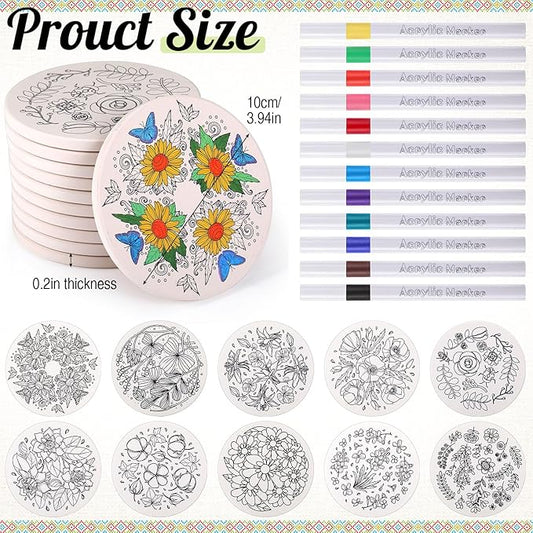 10 Pcs Ceramic Coasters for Drinks Color Your Own Coaster Set DIY Absorbent Cup Mat with 12 Markers and Cork Base Gift Arts and Crafts for Coffee Table Apartment Bar Home Decoration(Flower)
