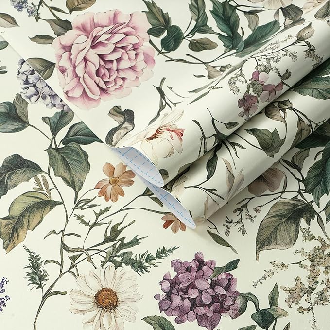 HeloHo Floral Peel and Stick Wallpaper Vintage Floral Contact Paper Boho Flower Botanical Wallpaper Removable Self Adhesive Farmhouse Wall Paper for Cabinets Bathroom Bedroom Vinyl 17.3"x78.7"