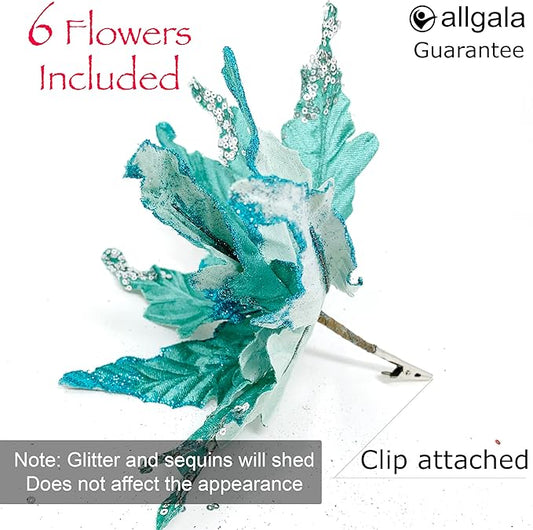 allgala 6-PK Glitter and Sequin Decorated Fabric Poinsettia Artificial Christmas Flower with Clips-Turquoise-XF93304