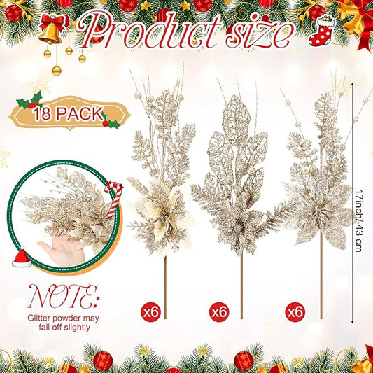 18 Pack 3 Styles 17 Inch Christmas Glitter Poinsettia Berry Stems Ornaments Artificial Floral Branches Picks for Christmas Tree Home Vase Holiday Party Decor(Champagne)