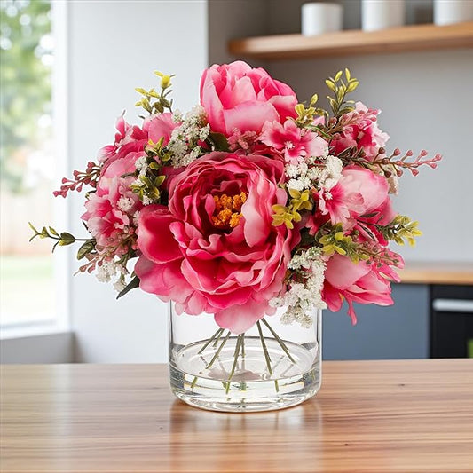 ENOVA FLORAL Artificial Silk Flower Arrangement with Vase,Mixed Artificial Silk Peony Flower in Vase for Decoration Home Office, Wedding Centerpiece (Fushia)