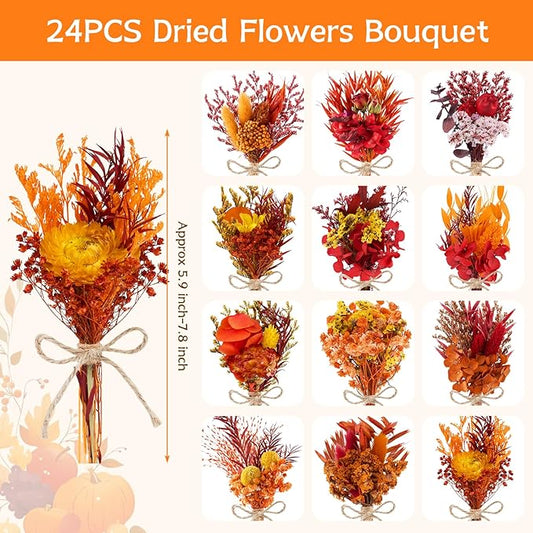 12/24 PCS Charming Dried Flowers Bouquet for Vase Various Dried Wildflowers with Stems Mini Handmade Wildflowers Natural Real Flowers Bulk Flowers Craft (Burnt Orange Series, 12PCS)