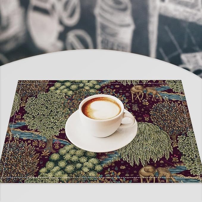 William Morris Flower Placemats Set of 6, Vintage Boho Floral Tree Plant Deers Woodland Animals Place Mats, Heat Resistant Non Slip Cotton Linen Dining Table Mats for Home Kitchen Party 18x12 Inch 1PC