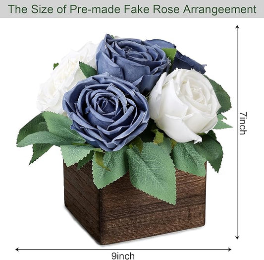 Dining Table Centerpiece Set of 3 - Pre-Made Aritifial Rose with Wooden Vase Fake Floral Arrangment Faux Flower for Wedding Bridal Tea Party Event Decorations - Navy Blue & White
