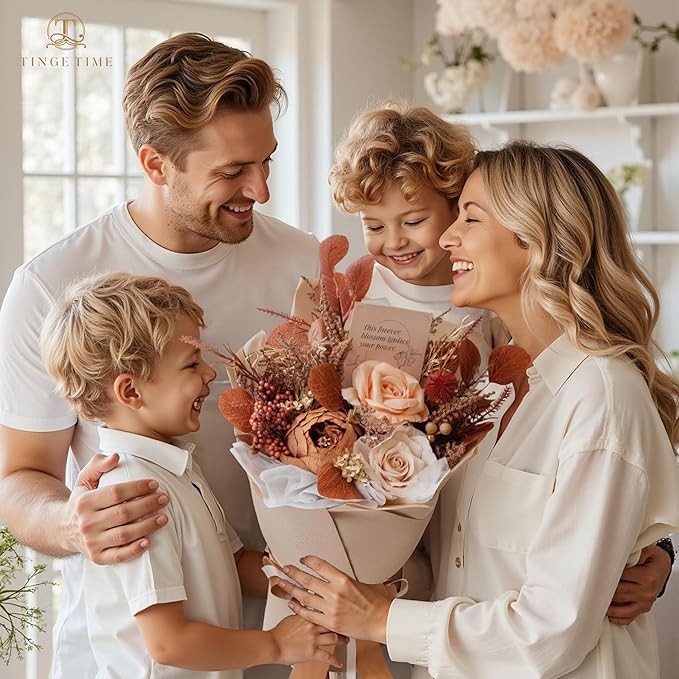 TINGE TIME Preserved Flowers Bouquet, Flowers for Delivery, Birthday Gifts for Women, Eternal Roses Bouquet for Grandma Wife Anniversary (Nude Color & Pale Coffee)