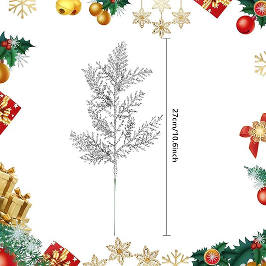 Watayo 30 PCS Glitter Artificial Pine Needles-10.6 Inch Fake Foliage Pine Stems Picks for DIY Garland Wreath Christmas Embellishing and Home Garden Decoration (Silver)