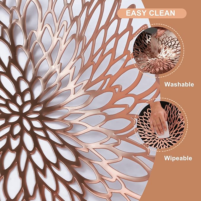 Snowkingdom 18 Pack Rose Gold Placemats Bulk Metallic Pressed Vinyl for Mother's Day Dinning Table Decoration Floral Mats Round Floral Charger Decoration for Weddings Christmas Holiday