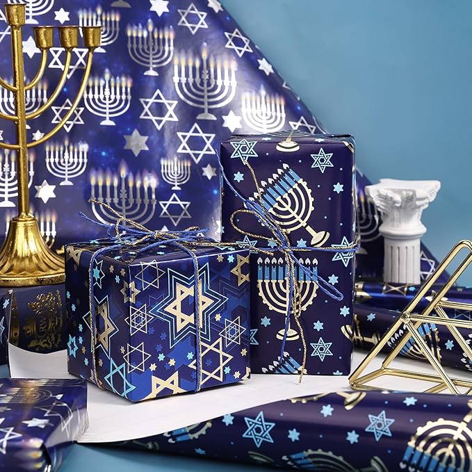 WRAPAHOLIC Hanukkah Wrapping Paper - 3 Rolls, 17 Inch x 120 Inch Each - Blue Menorah and Star of David Design with Metallic Foil Shine