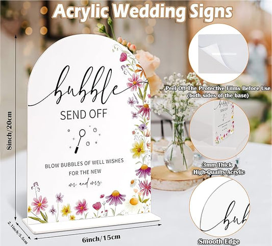 Bubble Send off Sign for Wedding Table Decor, Wild Flower Arch Acrylic Wedding Signs for Reception, Love Is In Bloom Bridal Shower Floral Engagement Party Decorations, 6x8 Inch