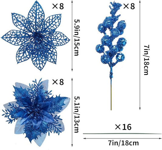 24Pcs Christmas Poinsettia Artificial Flowers and Glitter Berries Kit, 2 Styles Total 16Pcs Christmas Tree Flowers Ornaments, 8Pcs Christmas Tree Picks for Wedding Holiday Decorations, Baby Blue
