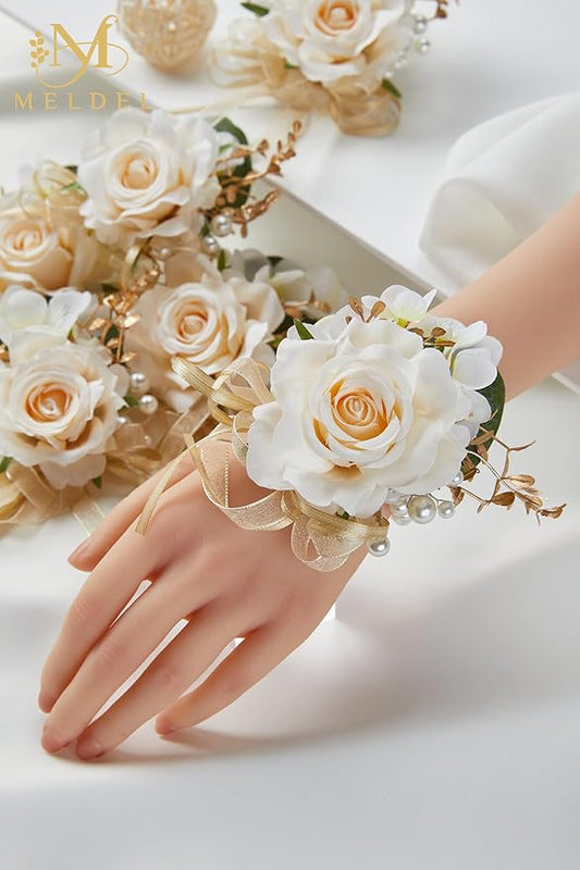 Meldel Champagne Corsage and Boutonniere Set,Boutonniere for Men,Groomsmen and Groom Boutonniere for Wedding,Rose Wrist Corsages Bracelets for Mother of Bride,Bridesmaids,Girls,Women,Prom,Homecoming