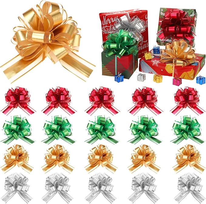 WILLBOND 20 Pieces 6 Inch Pull Bows Gift Wrapping Ribbon Pull Bows for Christmas Wedding Baskets Valentine Multicolor Wrap Accessory for Gift Present Holiday Decor(Green, Red, Gold, Silver)
