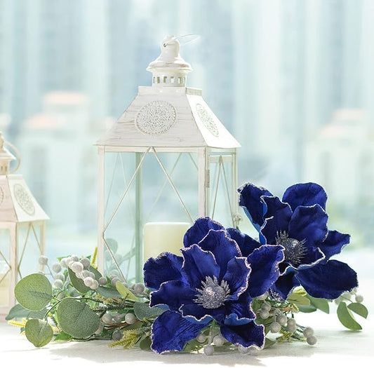 KI Store Blue Velvet Magnolia Flowers Pack of 6 Oversize Artificial Christmas Poinsettia Floral Picks Stems for Xmas Tree Wedding Centerpiece Decorations