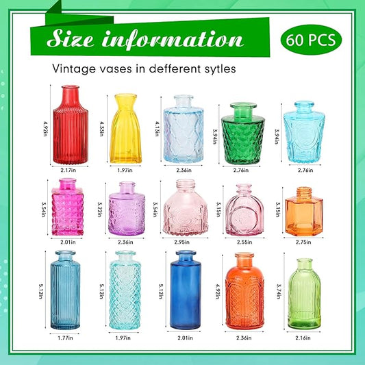 Yaomiao 60 Pcs Vases Bulk Colored Flower Glass Christmas Vases Bud Vintage Colored Glass Bottles Colorful Rustic Embossed for Home Wedding Table Decorations Gifts(Vivid Color)