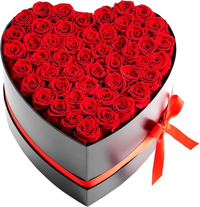 VEVOR Forever Flowers, 50 Preserved Roses in a Heart Shape Box, Eternal Flowers Immortal Bouquet Birthday Present for Delivery Prime Women Her Wife Mothers, Anniversary, Valentine's Day,Christmas, Red