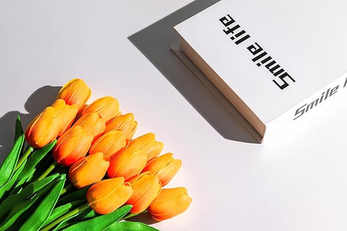 SITUMEIZI 15pcs Fake Tulips Artificial Flowers Real Touch Red 14" Silk Flower for Home Kitchen Decor Spring Easter Wedding Bouquet Decorations Office Floral Arrangements(Orange)