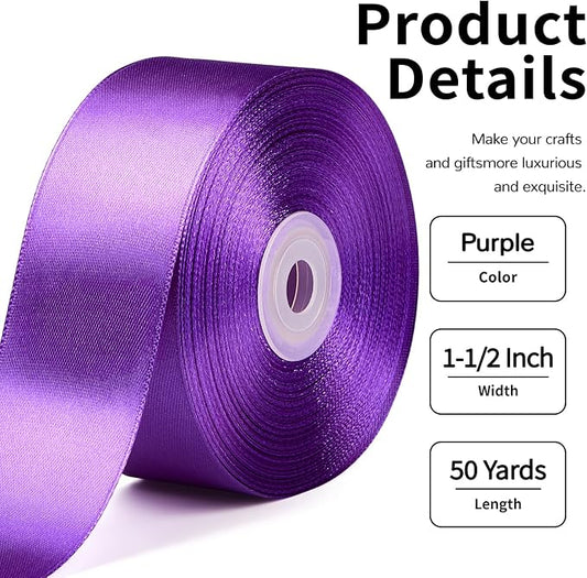 1-1/2 Inch Wide Purple Satin Ribbon, 50 Yards Solid Polyester Fabric Ribbon for Roses Making, Gift Wrapping, Christmas, Wedding Decorations, Crafts, Bows, Flower Bouquets