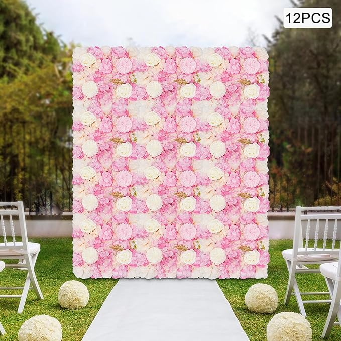 12pcs Artificial Flower Panels, 3D Floral Mat Silk Hydrangea Rose Floral Panel for Wedding Backdrop Wall Decor Shop Photo Backdrop, Festival & Event Wall Décor (15 x15in, Pink)