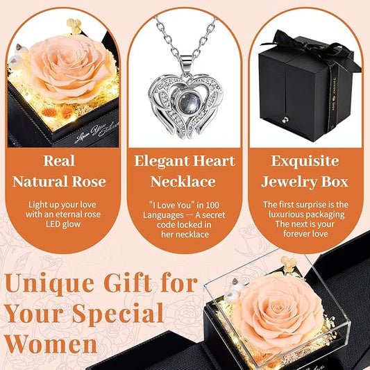 FIACO Gifts for Women Preserved Real Roses with I Love You Necklace Fresh Forever Flowers Birthday Gifts for Mom Grandma Wife Girlfriend on Anniversary Christmas Valentines Romantic Gift
