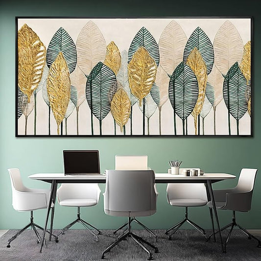 Contemporary Framed Wall Art Green and Gold Wall Decor Leaves Wall Prints Line Wall Posters 29"x58" Living Room Decorations Kitchen Art