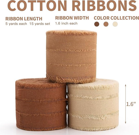 Fall Ribbon Brown 1-1/2 x 15 Yards Handmade Cotton Frayed Fringe Fabric Ribbons for Crafts Flower Bouquets Wedding Baby Shower Home DIY Decor