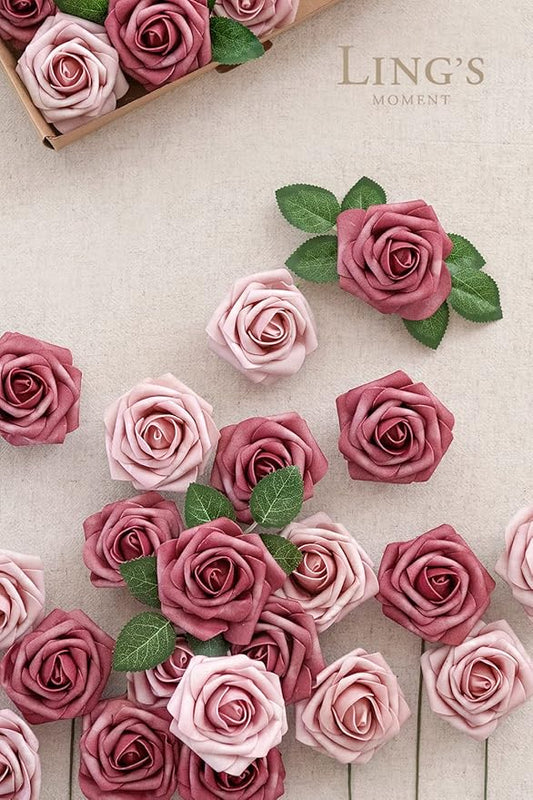 Ling's moment Artificial Flowers 25Pcs Torrid Blush Roses Decor w/Stems,3" Real Touch DIY Foam Floral for Wedding Bouquet/Centerpieces, Outdoors Party Backdrop, Room/Table, and Garden/Pot Decorations