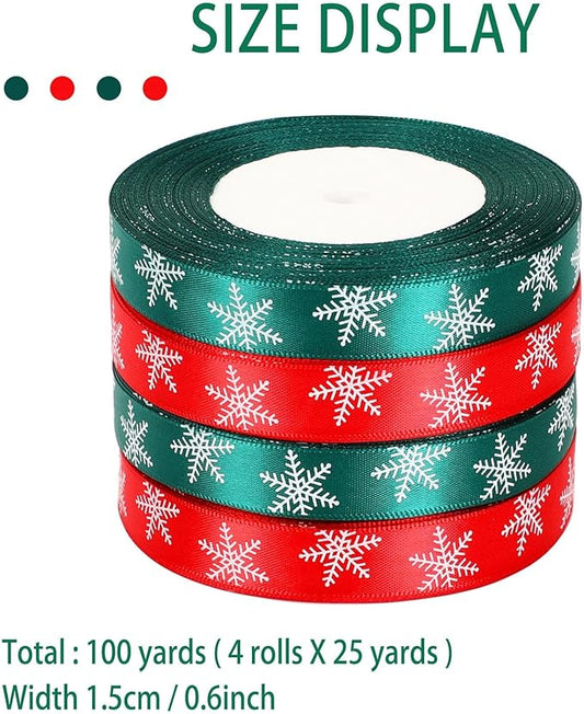 Christmas Ribbons, DECYOOL 4 Rolls 100 Yards Christmas Snowflake Ribbons for Gift Wrapping, 15mm Wide Red and Green Satin Ribbon for Festival Holiday Party Decorations DIY Crafts