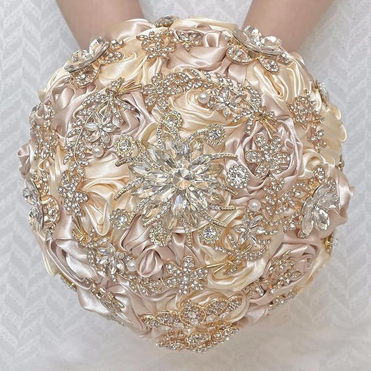 Handmade Satin Rose Floral Bling Pearl Decor Bridal Wedding Bouquet Rhinestone Pendant Artificial Brooch Flowers for Bride Bridesmaid Quinceanera