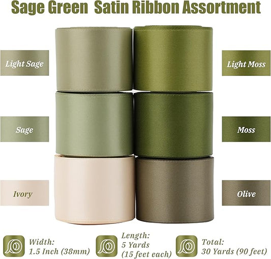 Sage Green Satin Ribbon - 1.5 Inch Double Face, 6 Rolls, 30 Yards - Perfect for Weddings, Crafts, Gift Wrapping & Hair Bows