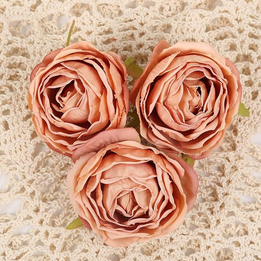 IPOPU Fake Flowers for Decoration 25pcs Silk Roses Artificial Flower Heads for Vintage Flower Decorations Fake Flower Heads for Crafts Dining Table Decor Floral Centerpieces (Coffee)
