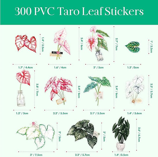 300 PCS PVC Taro Leaf Stickers, Self-Adhesive PVC Greenery Stickers Nature Plant Decals for Scrapbook, Laptop, Journal, DIY Project, Spring Themed Party Decors