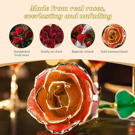 Mikasol Real 24K Gold Dipped Realistic Rose – Timeless Lifelike Bloom with Heart Puzzle Base – Romantic Gradient Orange Flower Gift for Her, Wife, Girlfriend, Mom – Birthday, Anniversary, Mother’s Day