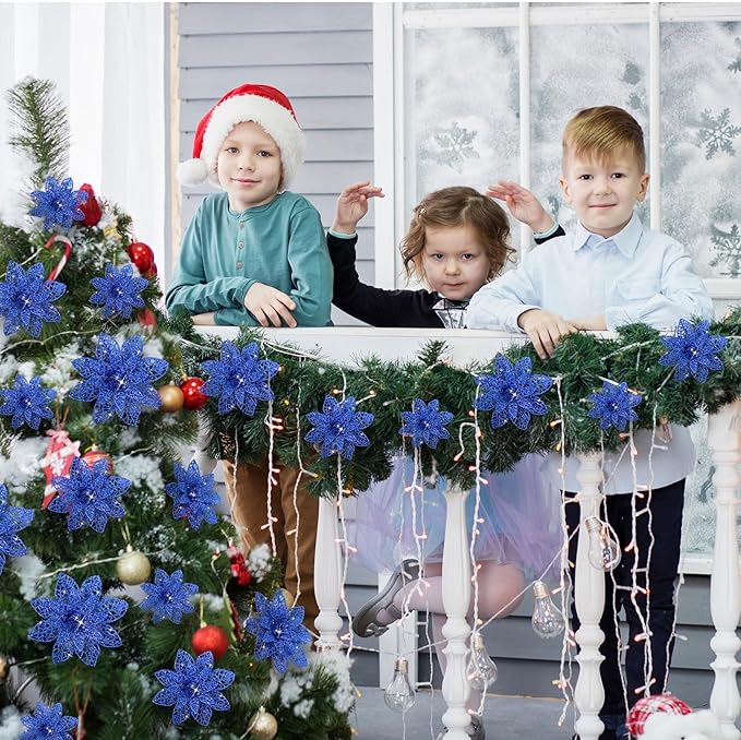 Boao Royal Blue 24 Pieces Poinsettia Flower Christmas Glitter Artificial Poinsettia with Clips Christmas Tree Ornament Decorations for DIY Xmas Wreath Holiday Home Party Decor, 3/4/6 Inches