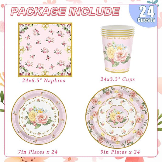 96 Pcs Tea Party Decorations, Floral Paper Plates Floral Cups & Napkins Set for Serves 24, Disposable Plates for Baby Shower, Bridal Shower, Wedding, Garden Party