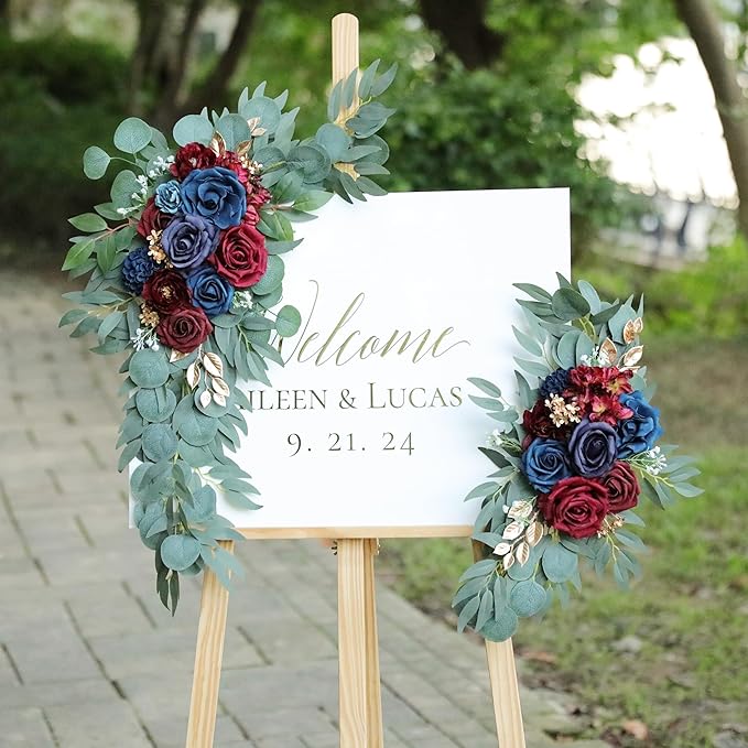 Artificial Navy Blue Wedding Arch Flower Swags Set of 2 for Wedding Welcome Signs Floral and Wedding Reception Ceremony Decorations, Burgundy Wedding Flowers Decor