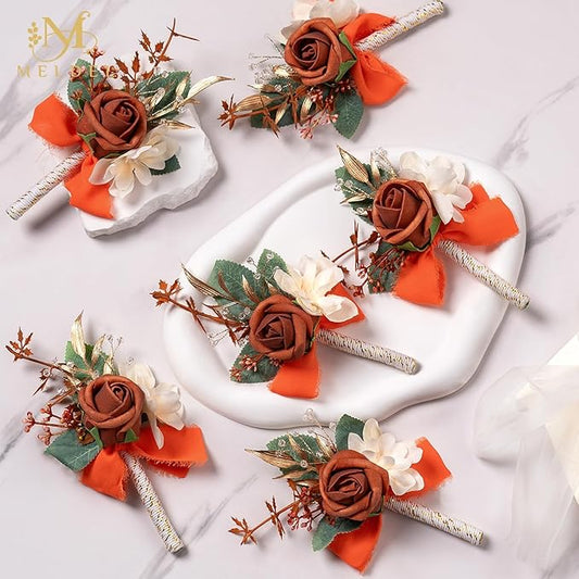 Meldel Terracotta Boutonniere for Men Wedding, Set of 6, Groom and Best Man Boutonniere, Guest Rose Boutonniere for Wedding Prom Homecoming Ceremony Anniversary Party, Burnt Orange