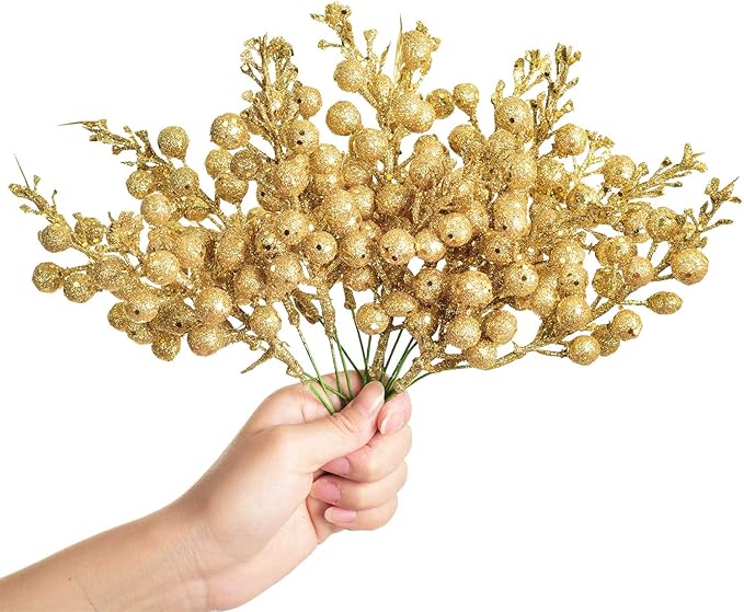 14 Pack Christmas Glitter Berries Stems, 7.8Inch Artificial Christmas Picks for Christmas Tree Ornaments, DIY Xmas Wreath, Crafts, Holiday and Home Decor, Gold