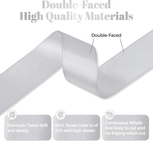 Silver Satin Ribbon, Double Faced 1 Inch X 50 Yards Silver Ribbon, Premium Satin Ribbon for Gift Wrapping, Crafts, Hair Bow Making, Sewing, Flower Bouquet, Wedding Party Decor
