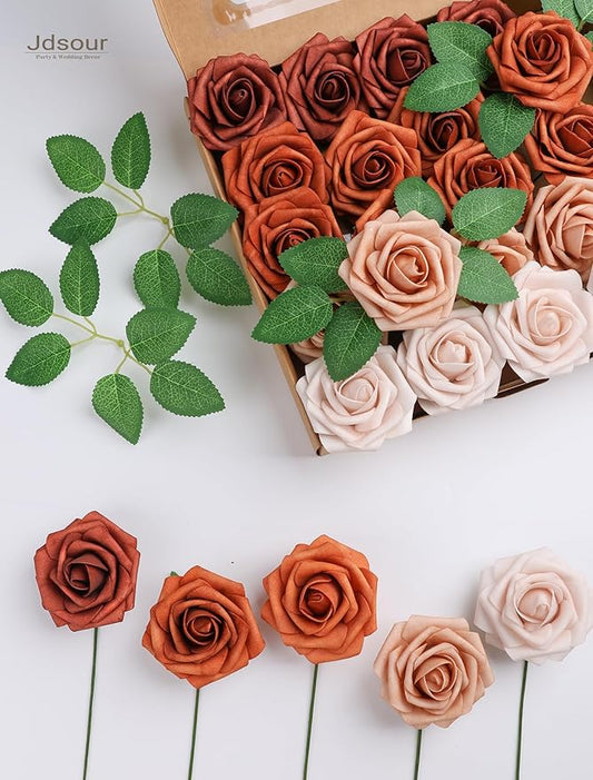25pcs Artificial Flower,Real Looking Foam Roses w/Stem for DIY Wedding Bouquets Centerpieces Bridal Shower Party Decor-Shades of Burnt Orange