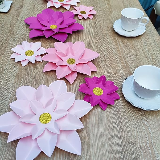 Pink Paper Flower Wall Decor DIY Paper Floral Backdrop Nursery Decor Pack of 9 (10"-6")