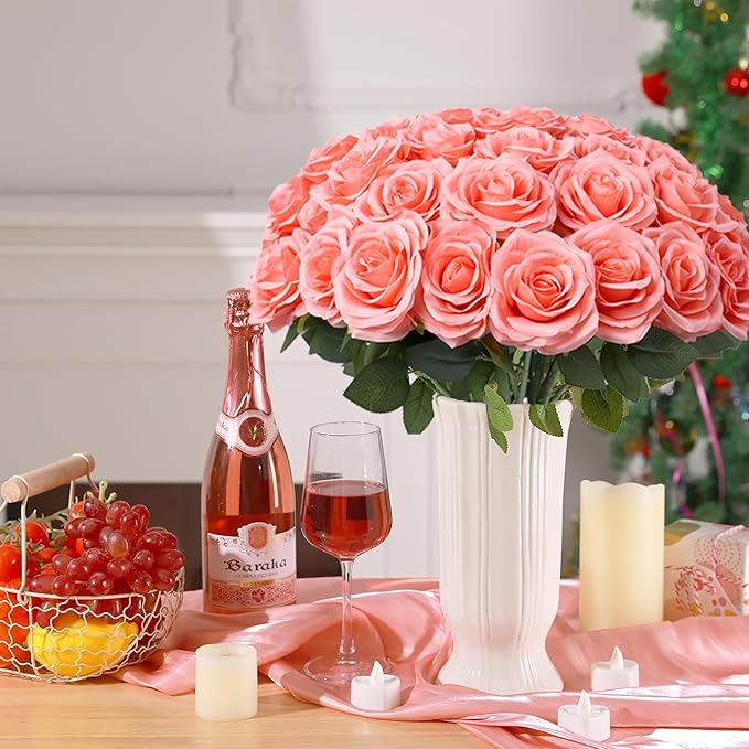 30pcs Artificial Rose Flower Coral Peach Flower with Long Stem Silk Roses Bouquet for Wedding Bridal Shower Party Home Decoration