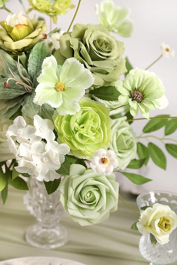 Artificial Flowers Roses Fake Flowers with Stems Green Artificial Flowers for DIY Bridal Bouquets Faux Flowers Centerpieces for Table Home Decor