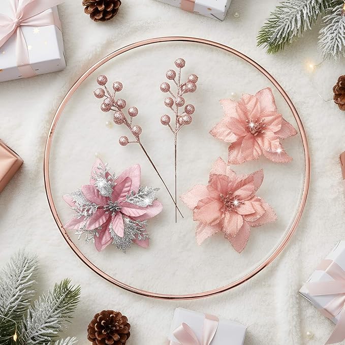 60 Pcs Christmas Glitter Branches 6 Styles Artificial Christmas Picks Berries Stems Poinsettia Flowers Pine Needles Floral Twig Spray for Xmas Tree Ornaments DIY Wreath Garland(Rose Gold)