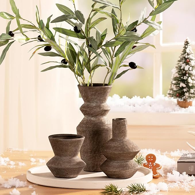 Ceramic Vase Home Table Decor - Brown Flower Vase Set of 3 Living Room Kitchen Decorations Farmhouse Modern Rustic Vases Decorative Centerpiece for Shelf Bedroom Office Bathroom Dining Coffee Desk