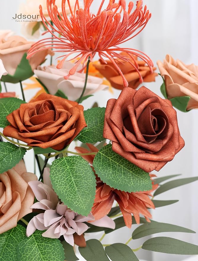 25pcs Artificial Flower,Real Looking Foam Roses w/Stem for DIY Wedding Bouquets Centerpieces Bridal Shower Party Decor-Shades of Burnt Orange