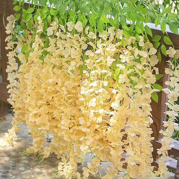 24 Pack Champagne Wisteria Hanging Flowers Garland, 3.77 Feet Artificial Flower Vines, Fake Wisteria, Artificial Vines Hanging Garland for Backdrop Outdoor Yard Garden Decor