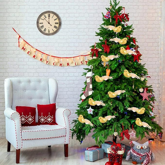 Cosweet 12 Pcs Gold Cardinal Artificial Birds with Clip - Cardinal Bird Christmas Ornament with Feather Wreath Flower Arrangement Supplies for Xmas Tree Party Decor DIY Craft Gifts