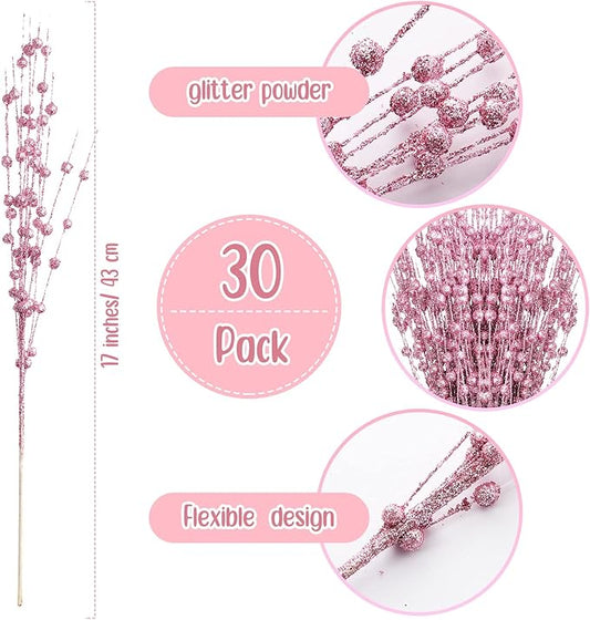 Geosar 30 Pcs Christmas Artificial Glitter Berry Stem Decorations 17 Inch Faux Stick Floral Pick Centerpiece Bouquet Flower Bead Twigs for Centerpiece Tree Wreath Xmas Ornaments Home(Pink)